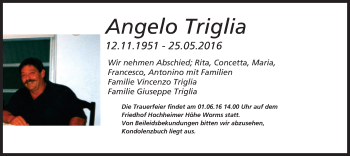 Traueranzeige von Angelo Triglia von  Wormser Zeitung