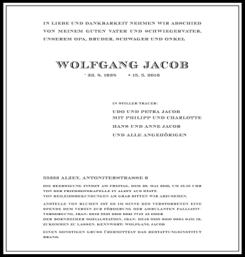 Traueranzeige von Wolfgang Jacob von  Allgemeine Zeitung Alzey