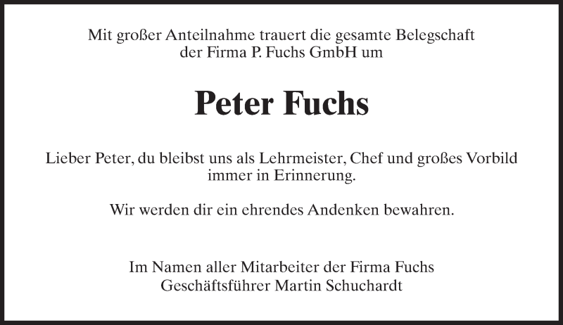  Traueranzeige für Peter Fuchs vom 13.05.2016 aus  Hofheimer Zeitung