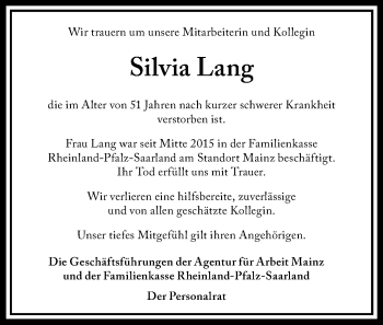 Traueranzeige von Silvia Lang von  Allgemeine  Zeitung Ingelheim-Bingen
