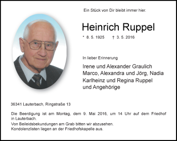 Traueranzeige von Heinrich Ruppel von VRM Trauer