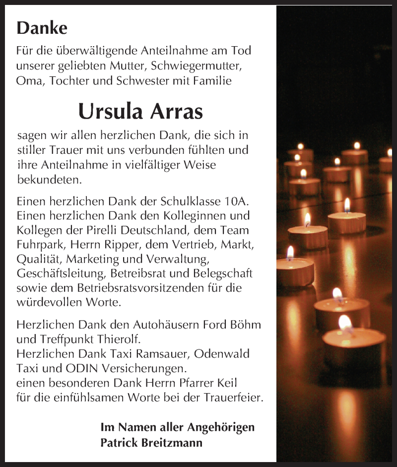  Traueranzeige für Ursula Arras vom 07.05.2016 aus Trauerportal Echo Online