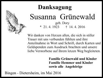 Traueranzeige von Susanna Gründewald von  Allgemeine  Zeitung Ingelheim-Bingen