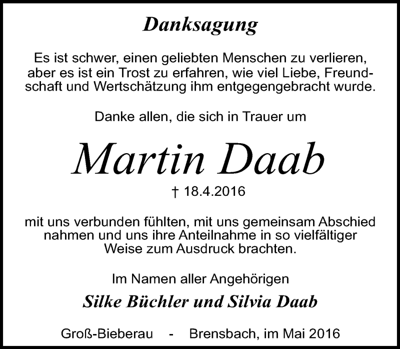 Traueranzeige für Martin Daab vom 14.05.2016 aus Trauerportal Echo Online