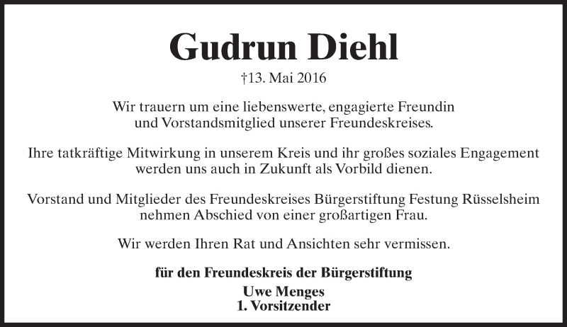  Traueranzeige für Gudrun Diehl vom 20.05.2016 aus  Mainspitze