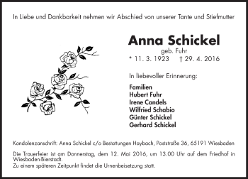 Traueranzeige von Anna Schickel von  Wiesbaden komplett