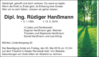Traueranzeige von Rüdiger Hanßmann von Trauerportal Echo Online