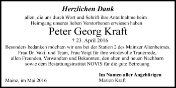 Traueranzeige von Peter Georg Kraft von  Allgemeine Zeitung Mainz