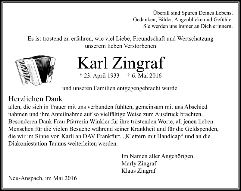  Traueranzeige für Karl Zingraf vom 28.05.2016 aus  Usinger Anzeiger