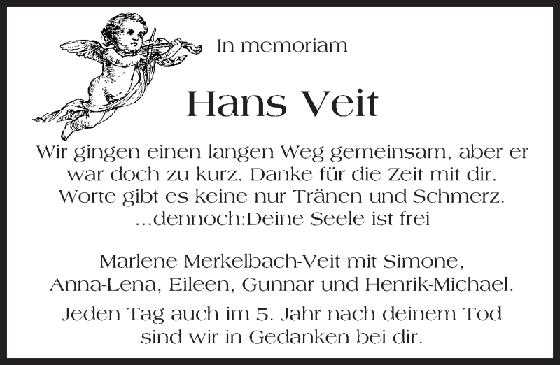  Traueranzeige für Hans Veit vom 07.05.2016 aus Trauerportal Echo Online