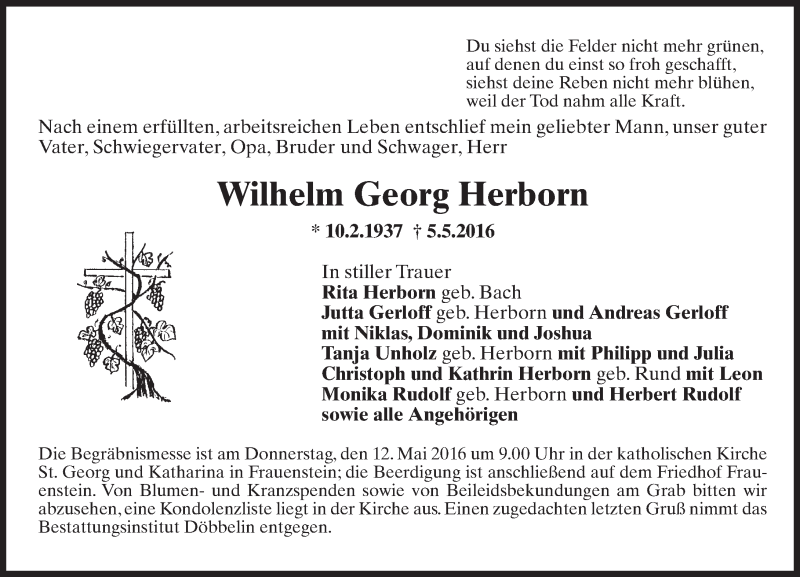  Traueranzeige für Wilhelm Georg Herborn vom 10.05.2016 aus  Wiesbaden komplett