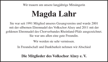Traueranzeige von Magda Lahr von  Allgemeine Zeitung Alzey