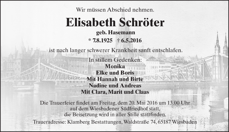  Traueranzeige für Elisabeth Schröter vom 14.05.2016 aus  Wiesbaden komplett