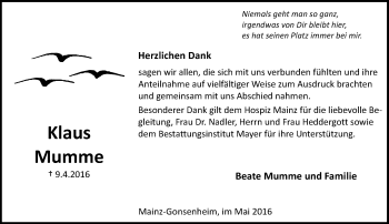 Traueranzeige von Klaus Mumme von  Allgemeine Zeitung Mainz