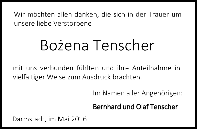  Traueranzeige für Bozena Tenscher vom 14.05.2016 aus Trauerportal Echo Online