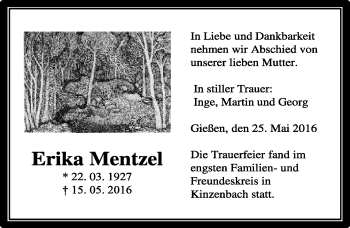 Traueranzeige von Erika Mentzel von  Gießener Anzeiger