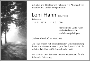 Traueranzeige von Loni Hahn von  Gießener Anzeiger