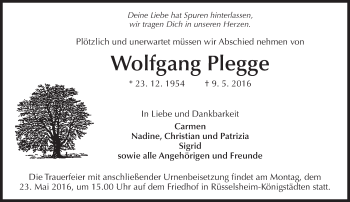 Traueranzeige von Wolfgang Plegge von  Mainspitze
