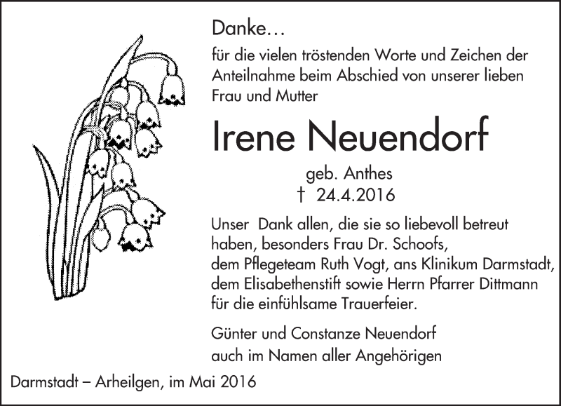  Traueranzeige für Irene Neuendorf vom 14.05.2016 aus Trauerportal Echo Online