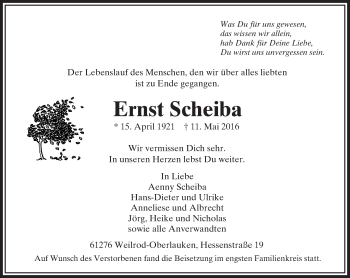 Traueranzeige von Ernst Scheiba von  Usinger Anzeiger