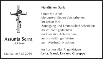 Traueranzeige von Assunta Serra von  Allgemeine Zeitung Mainz