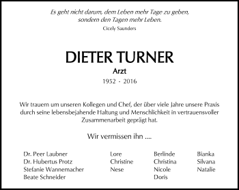 Traueranzeige von Dieter Turner von  Kreisanzeiger