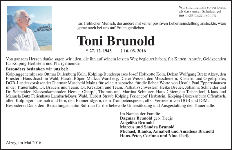  Traueranzeige für Toni Brunold vom 28.05.2016 aus  Allgemeine Zeitung Alzey