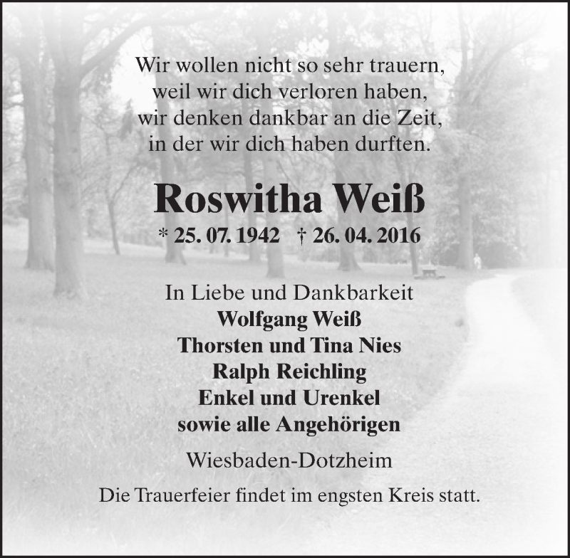  Traueranzeige für Roswitha Weiß vom 07.05.2016 aus  Wiesbaden komplett