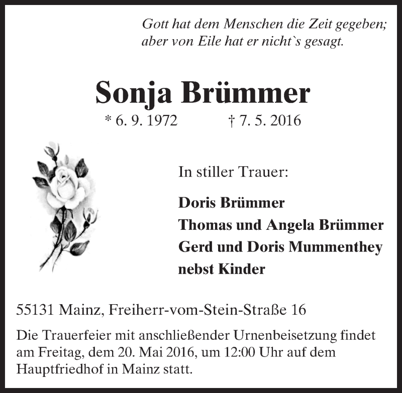  Traueranzeige für Sonja Brümmer vom 14.05.2016 aus  Allgemeine Zeitung Mainz