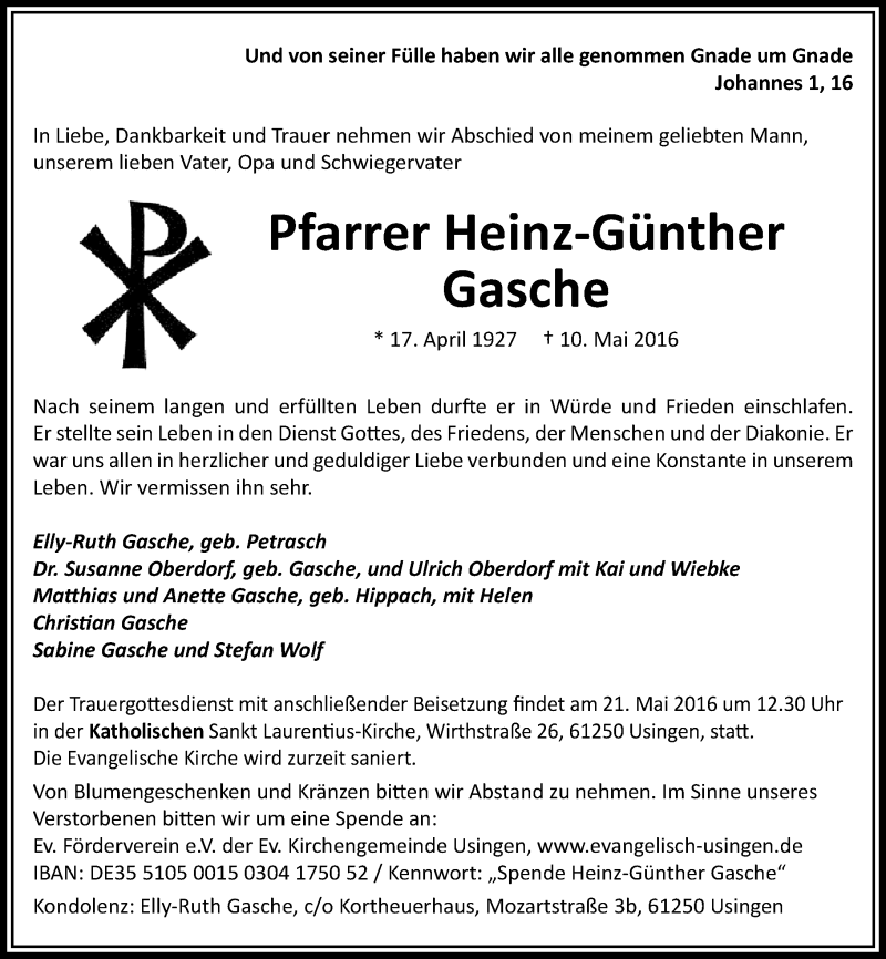  Traueranzeige für Heinz-Günther Gasche vom 14.05.2016 aus  Usinger Anzeiger
