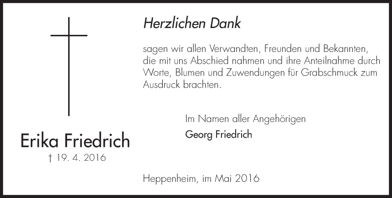  Traueranzeige für Erika Friedrich vom 17.05.2016 aus Trauerportal Echo Online
