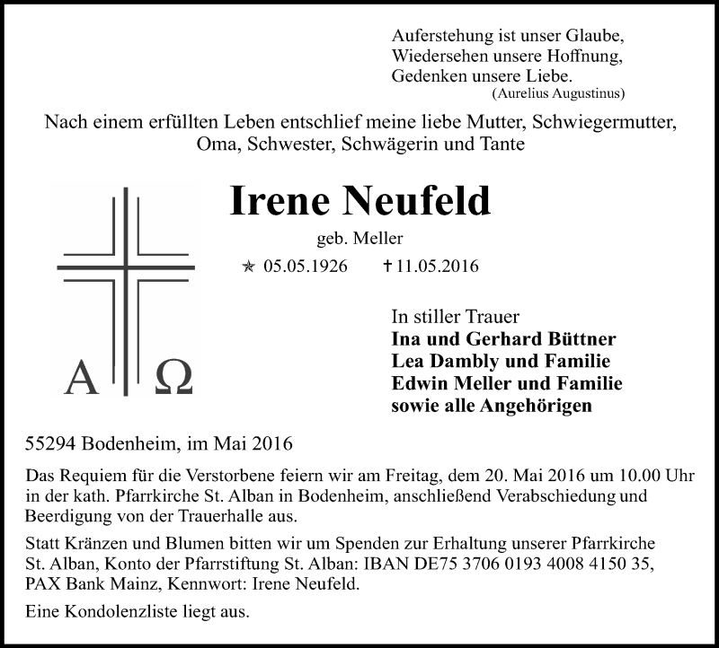  Traueranzeige für Irene Neufeld vom 14.05.2016 aus  Allgemeine Zeitung Mainz