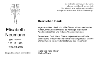 Traueranzeige von Elisabeth Neumann von  Allgemeine  Zeitung Ingelheim-Bingen
