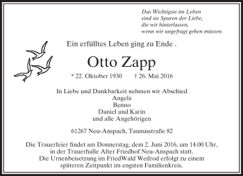 Traueranzeige von Otto Zapp von  Usinger Anzeiger