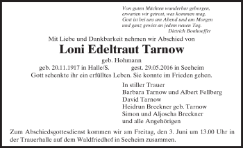 Traueranzeige von Loni Edeltraut Tarnow von Trauerportal Echo Online