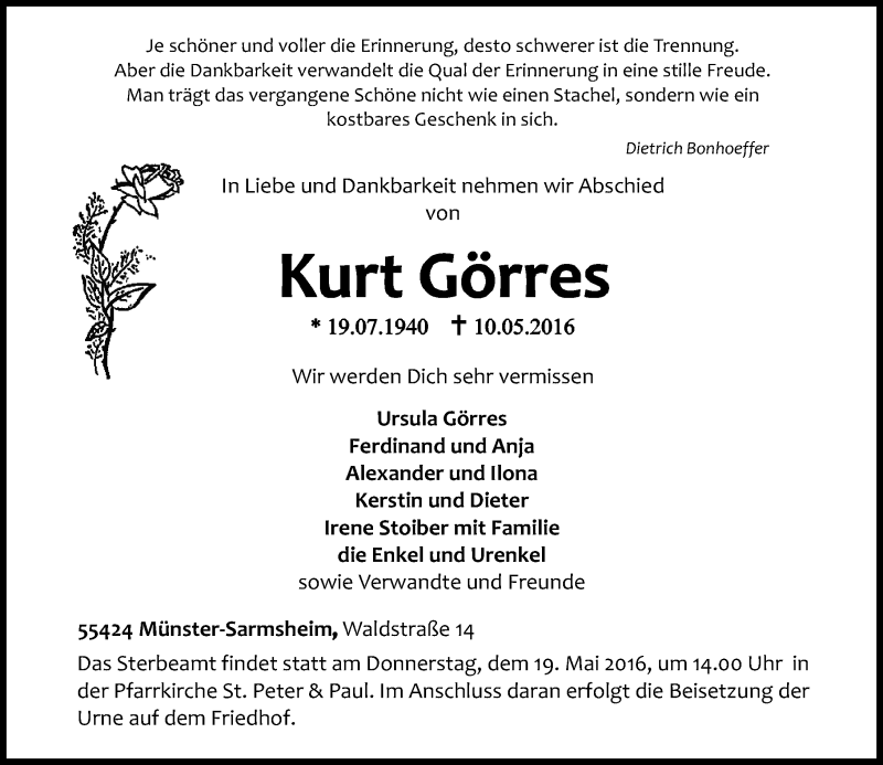  Traueranzeige für Kurt Görres vom 14.05.2016 aus  Allgemeine  Zeitung Ingelheim-Bingen