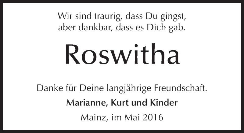 Traueranzeige für Roswitha  vom 14.05.2016 aus  Allgemeine Zeitung Mainz