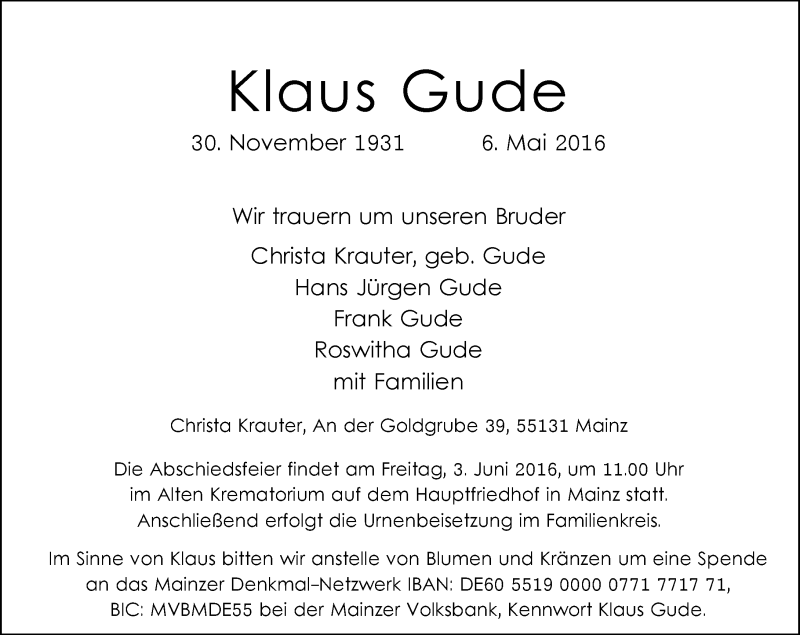  Traueranzeige für Klaus Gude vom 14.05.2016 aus  Allgemeine Zeitung Mainz