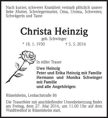 Traueranzeige von Christa Heinzig von Trauerportal Echo Online