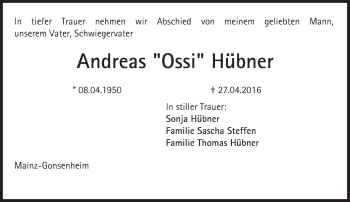 Traueranzeige von Andreas Hübner von  Allgemeine Zeitung Alzey