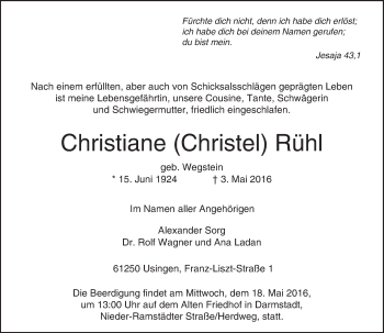 Traueranzeige von Christiane Rühl von  Usinger Anzeiger