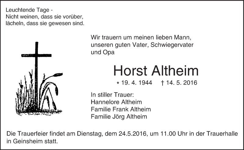  Traueranzeige für Horst Altheim vom 21.05.2016 aus Trauerportal Echo Online