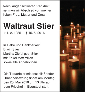 Traueranzeige von Waltraut Stier von Trauerportal Echo Online