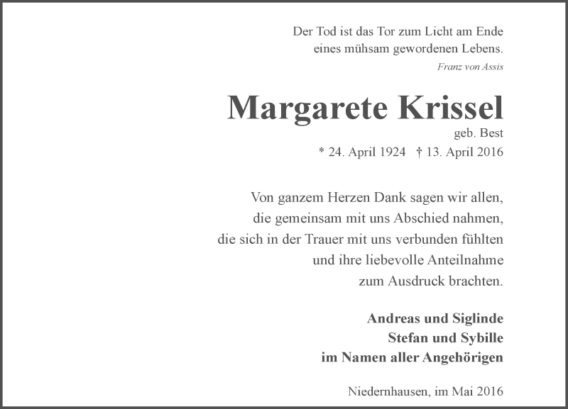  Traueranzeige für Margarete Krissel vom 07.05.2016 aus  Wiesbaden komplett