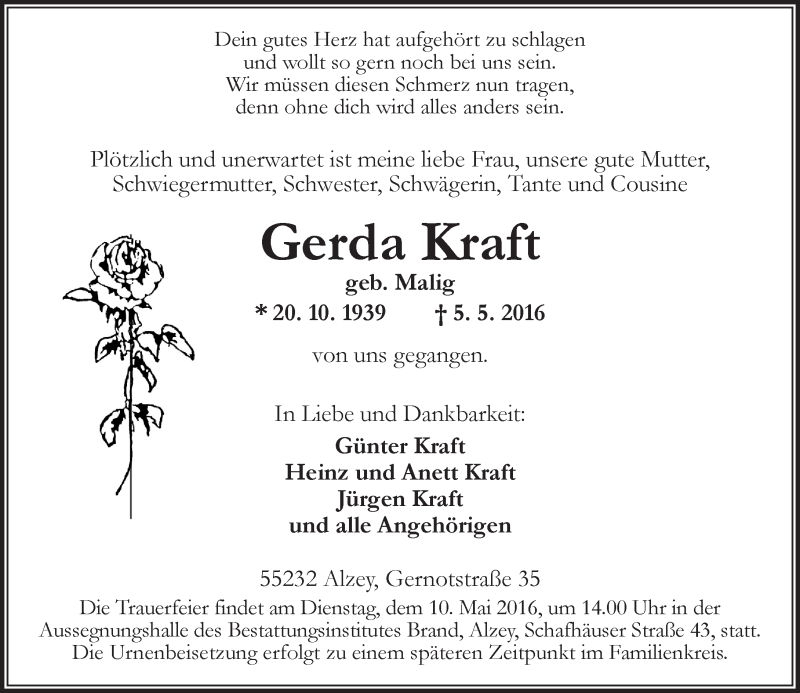 Traueranzeige für Gerda Kraft vom 07.05.2016 aus  Allgemeine Zeitung Alzey