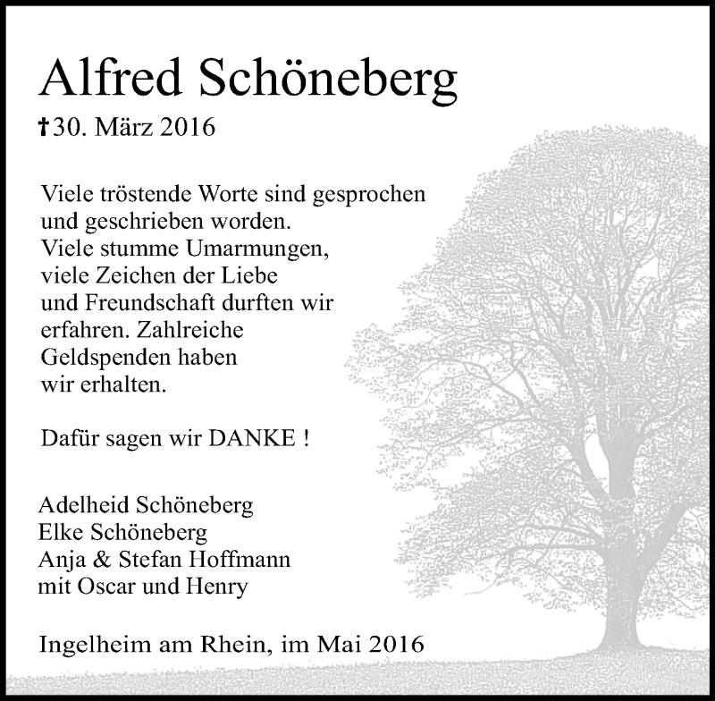  Traueranzeige für Alfred Schöneberg vom 07.05.2016 aus  Allgemeine  Zeitung Ingelheim-Bingen