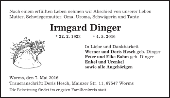 Traueranzeige von Irmgard Dinger von  Wormser Zeitung