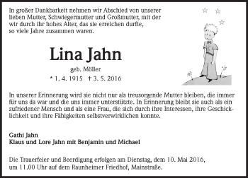 Traueranzeige von Lina Jahn von  Mainspitze