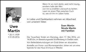 Traueranzeige von Uwe Martin von  Gießener Anzeiger