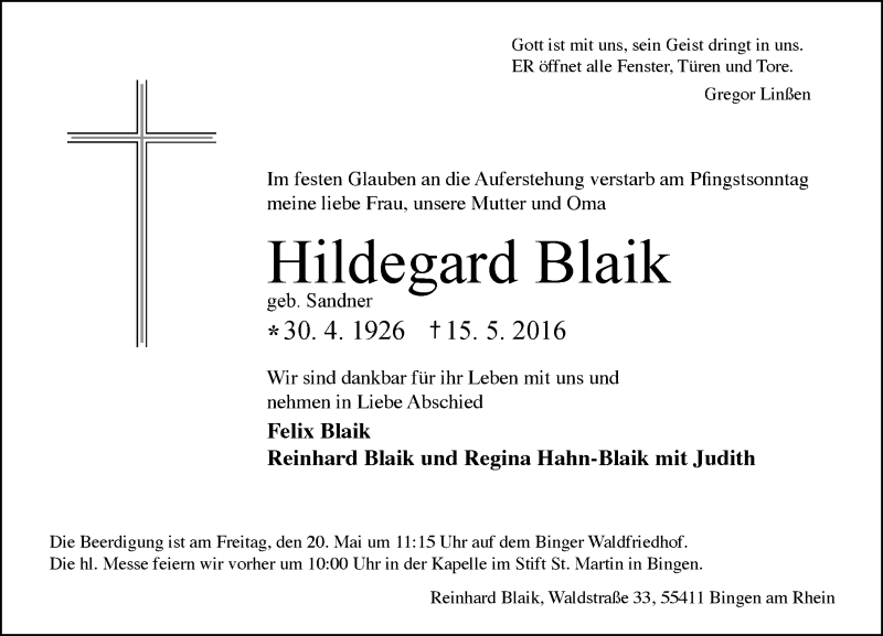  Traueranzeige für Hildegard Blaik vom 18.05.2016 aus  Allgemeine  Zeitung Ingelheim-Bingen
